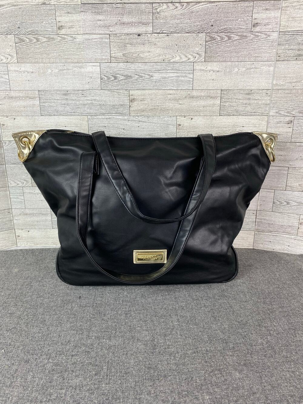 VERSACE PARFUMS TOTE Black Faux Leather Weekender Travel Bag Gold Hardware